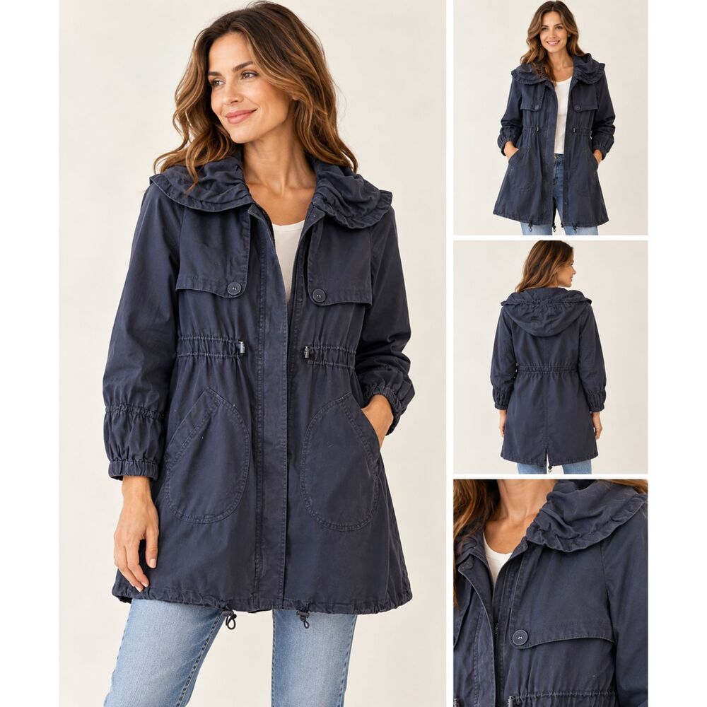 Sashimi Blue Cotton Utility Jacket Small Drawstring Waist Hooded Coat